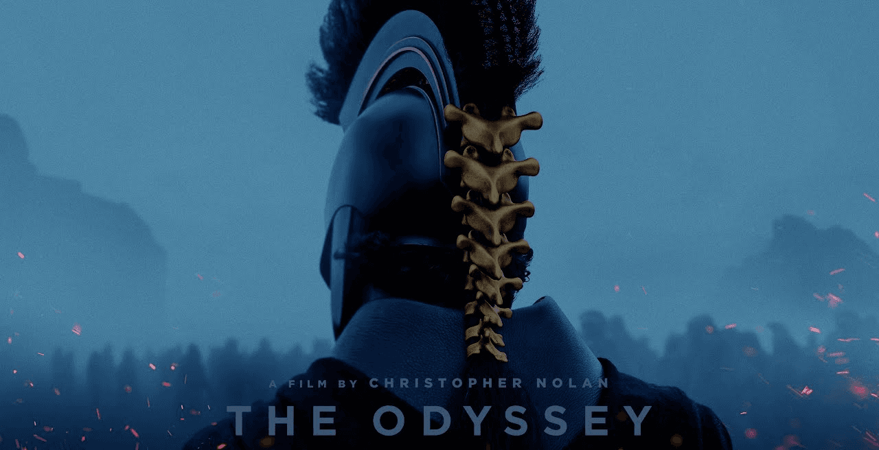 Matt Damon, Tom Holland, and Robert Pattinson smiling together at a promotional event for The Odyssey