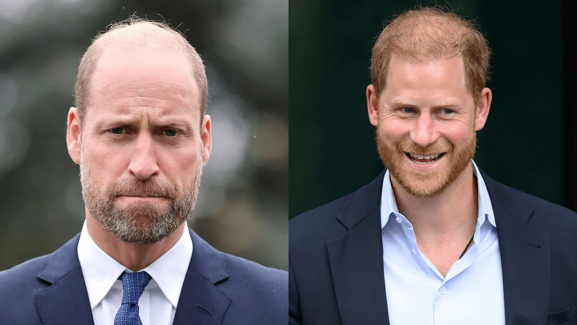 Prince Harry in a dark suit speaking at a public event, with Meghan Markle standing beside him in a formal outfit