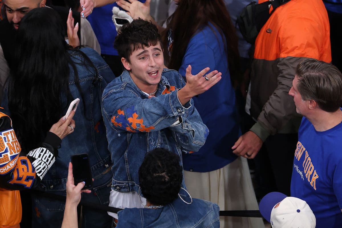 Timothée Chalamet celebrating wildly with fans inside Madison Square Garden after the New York Knicks' Game 4 NBA Finals win