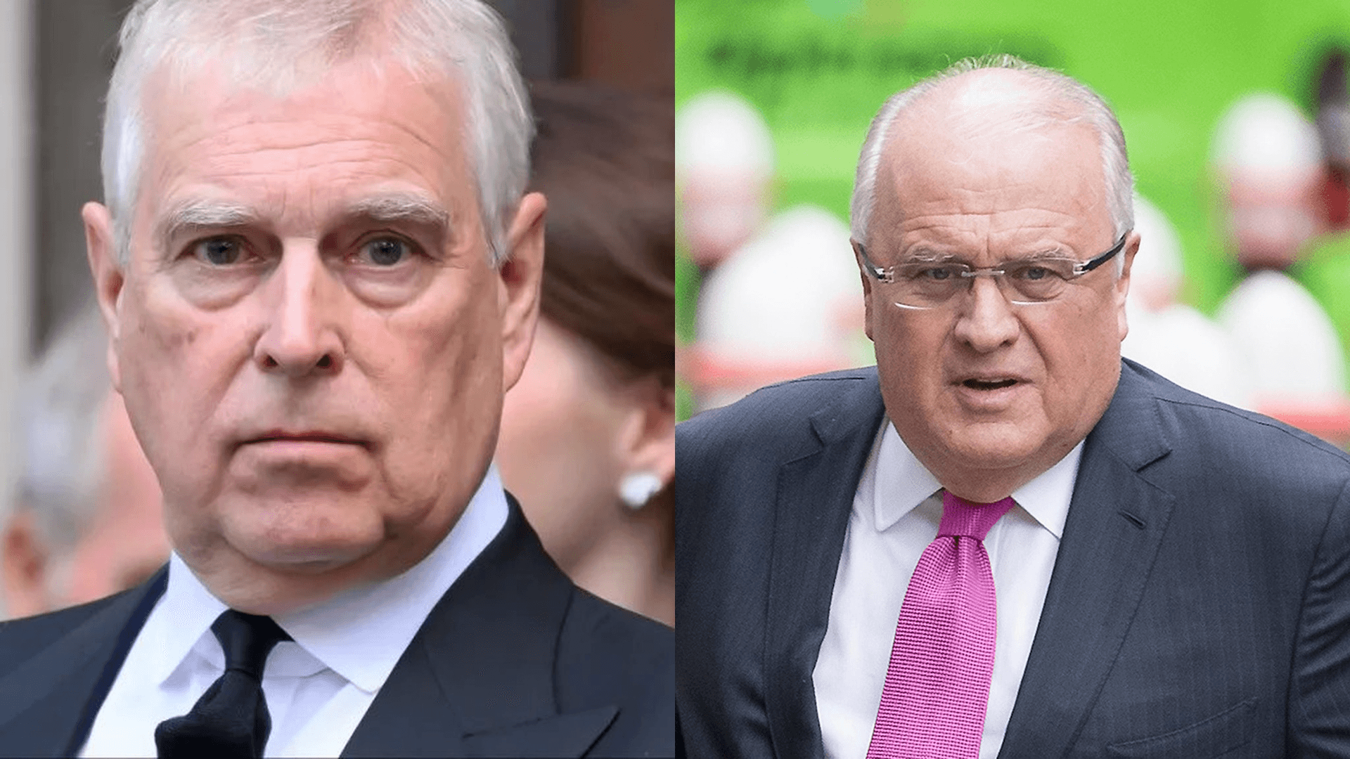 Prince Andrew in a dark suit walking outside during a public engagement, photographed by a pool camera