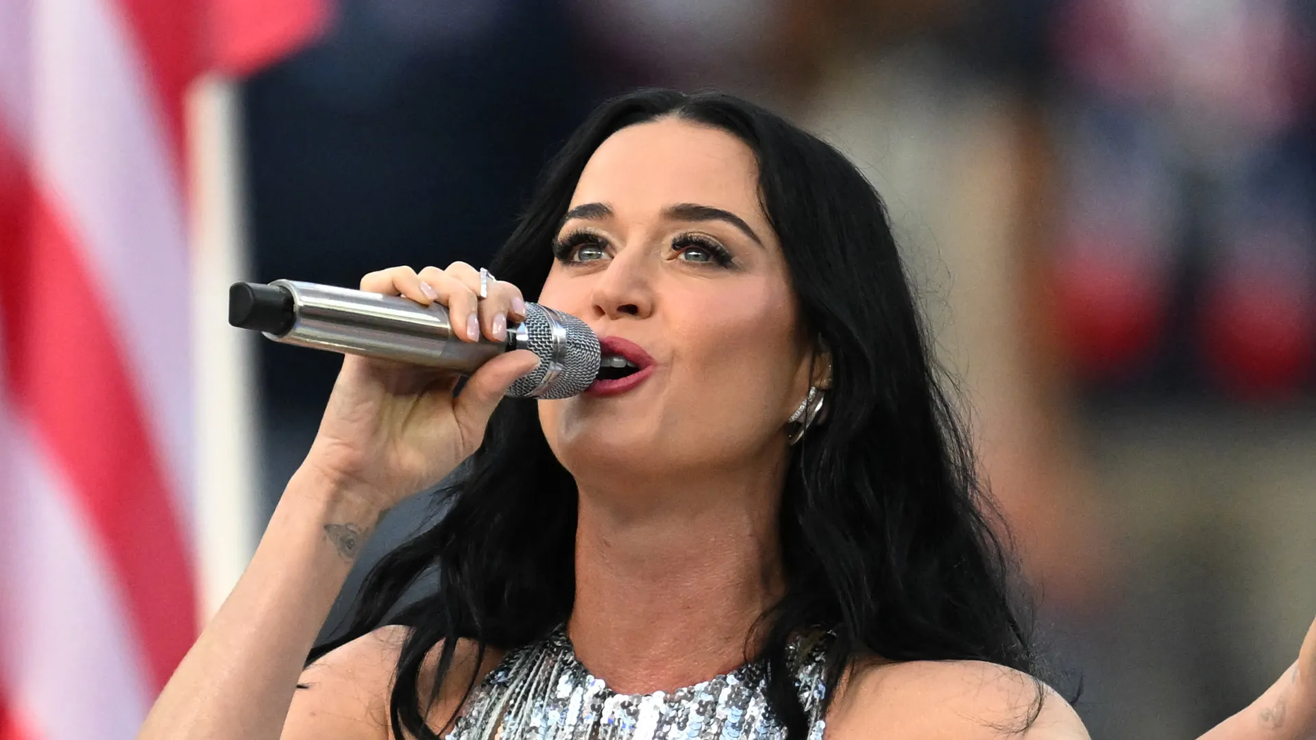 Katy Perry performing on stage at the Los Angeles Coliseum during the 2026 FIFA World Cup opening ceremony