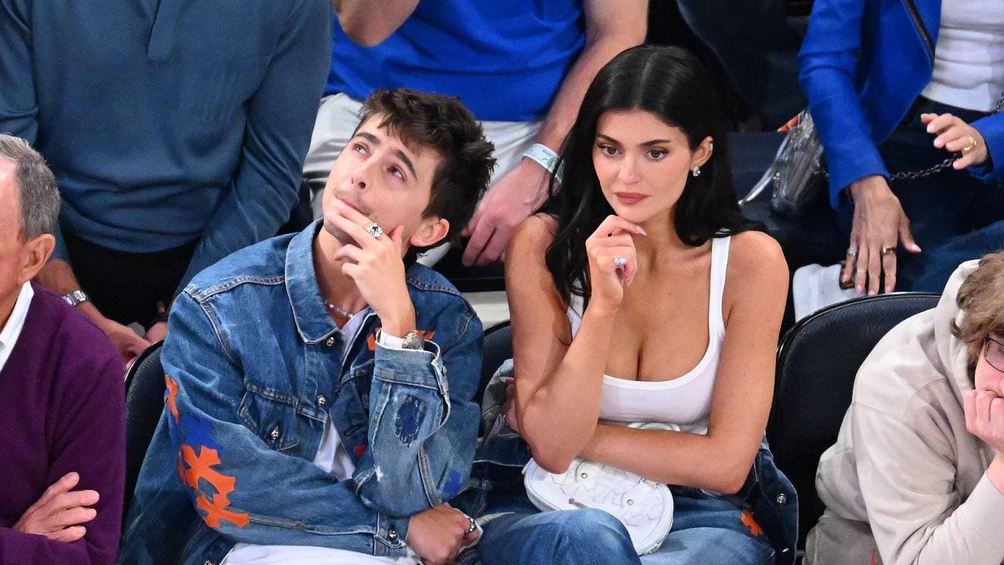 Kylie Jenner and Timothée Chalamet sitting courtside at Madison Square Garden during a New York Knicks NBA game