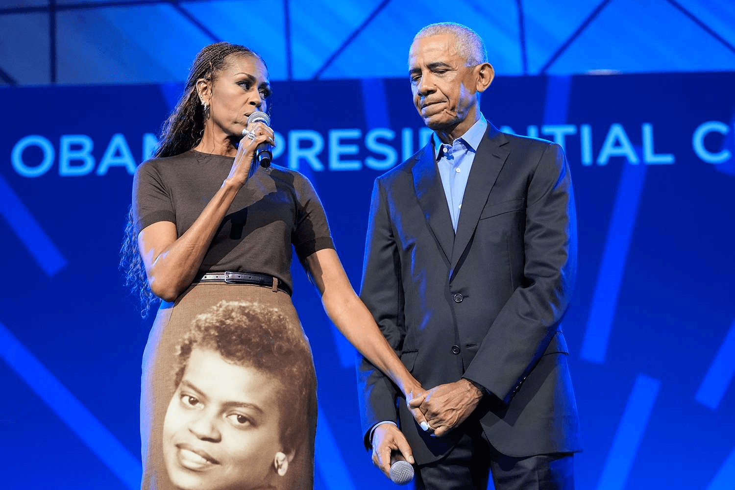 Barack and Michelle Obama at the grand opening ceremony of the Obama Presidential Center in Chicago's Jackson Park