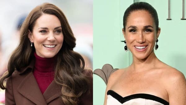 Meghan Markle, Prince Harry and Kate Middleton standing on the Buckingham Palace balcony during the Trooping the Colour ceremony in 2018