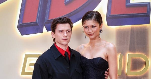 Zendaya on the red carpet at the Spider-Man Brand New Day Amsterdam photocall wearing a Louis Vuitton black and red ensemble