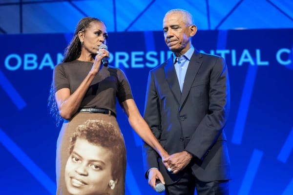 Barack and Michelle Obama at the grand opening ceremony of the Obama Presidential Center in Chicago's Jackson Park