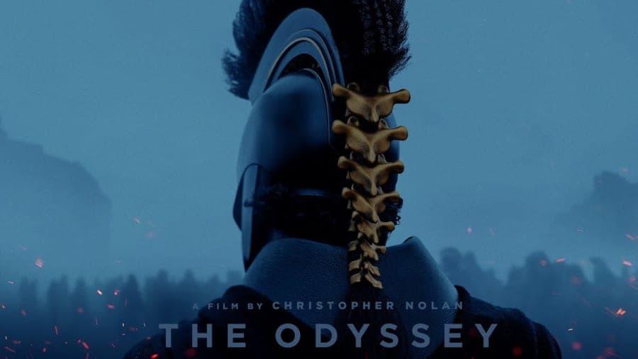 Matt Damon, Tom Holland, and Robert Pattinson smiling together at a promotional event for The Odyssey