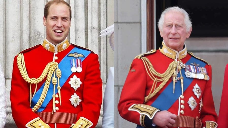 King Charles and Queen Camilla waving from the Buckingham Palace balcony during Trooping the Colour, surrounded by members of the royal family