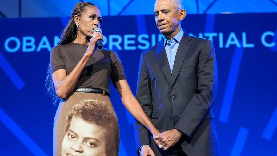 Barack and Michelle Obama at the grand opening ceremony of the Obama Presidential Center in Chicago's Jackson Park