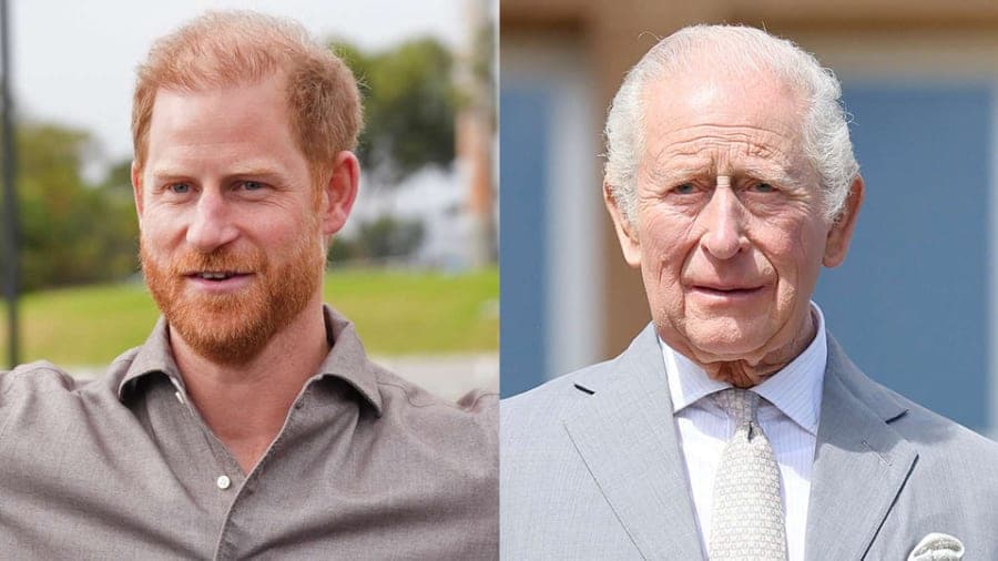 Prince Harry and King Charles at a royal engagement, with Meghan Markle visible in the background