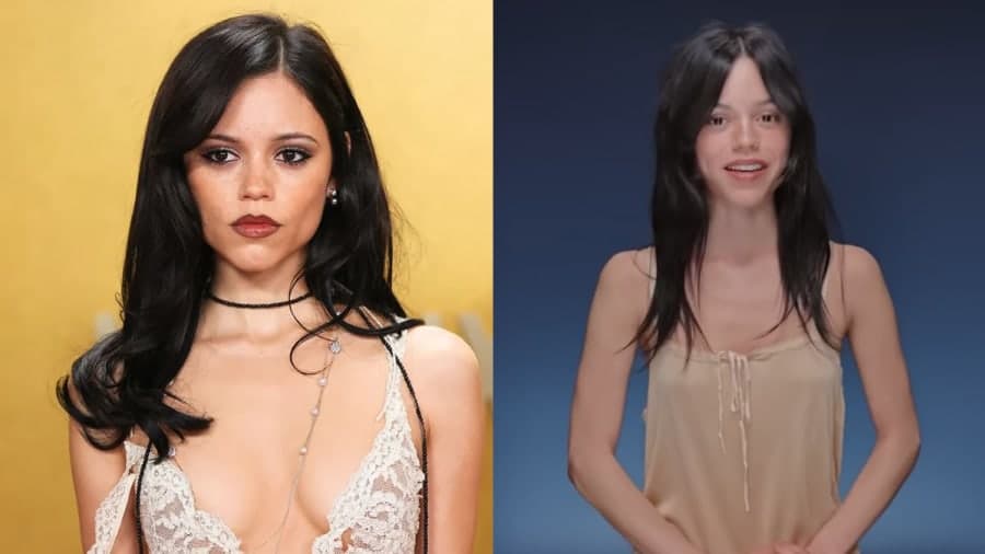 A young woman with dark hair wearing a stylish outfit against a plain studio backdrop
